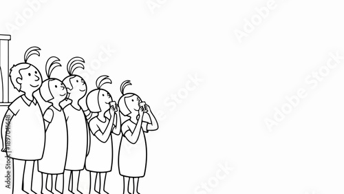 Simple line art illustration features people looking up with curious expressions. Group of cartoon individuals, one man and children, people looking up intently at unseen object.
