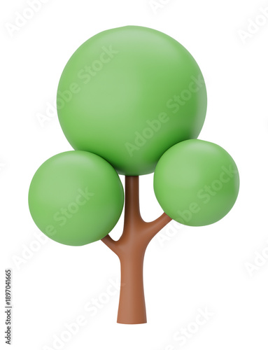 3D Stylized Green Tree with Round Bushy Top and Brown Trunk in Cartoon Style