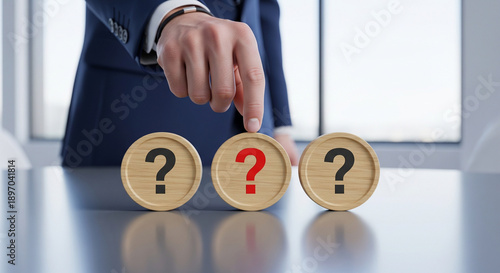 Obraz na płótnie Businessman choosing between three options marked with question marks