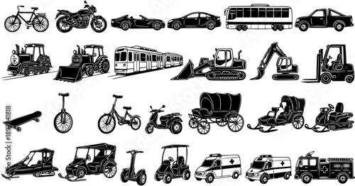 Black and White Vector Transportation Vehicles Icons Set. Automotive, Construction, Public, Emergency Transport  Heavy Equipment Silhouettes Collection.