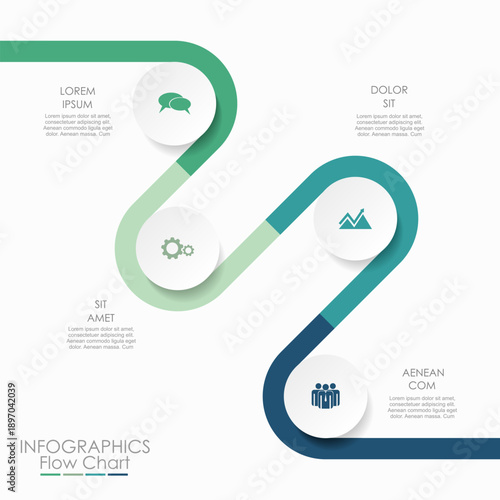Modern wavy timeline infographic template with colorful segments, icons, and text blocks for visualizing project stages or historical events. Vector illustration.