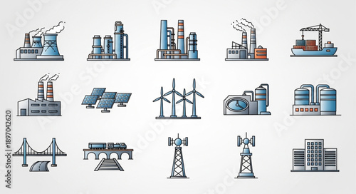 Collection of industrial buildings and infrastructure icons.