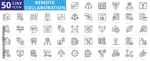 remote collaboration icon set outline illustration contains shared documents, instant messaging, version control, data security, time zone difference, cross-functional teams, multitasking, whiteboard