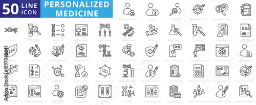 personalized medicine icon pack outline illustration contains biomarker, pharmacogenomics, metabolomic, proteomic, pharmacodynamic, biobank, omics, bioavailability, genotype, phenotype, bioinformatic