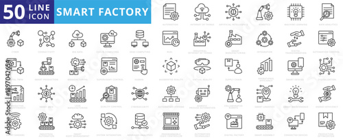 smart factory icon pack outline illustration contains rpa, ai, augmented reality, virtual reality, connected devices, programmable logic controller, data acquisition, human machine interface, big data