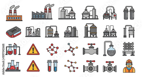 Collection of Industrial Chemical Plant Icons and Symbols.
