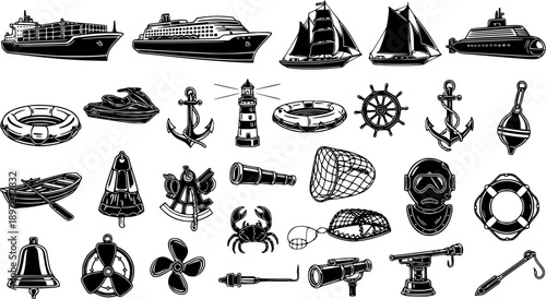 Black  White Line Art Engraving Style Set of Maritime and Nautical Icons: Ships, Boats, Sea Life, Diving Gear, and Ocean Elements Collection