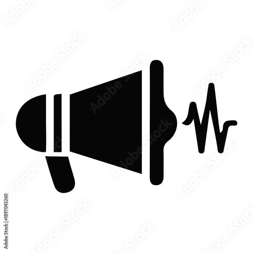 Black megaphone icon with sound waves symbolizing announcement or broadcast.