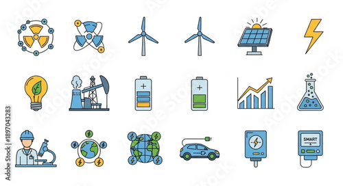 Collection of renewable energy and science icons.