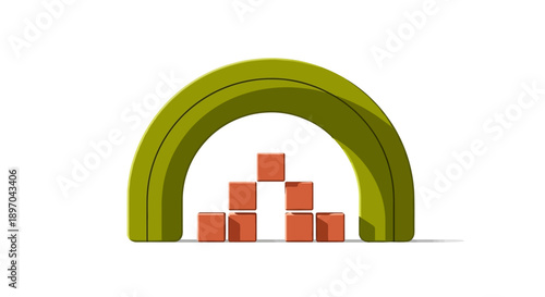 3D Arch Structure and Cubes Pyramid Icon. Abstract Minimalist Representation of Foundation, Stability, and Goal Achievement.