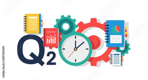 Q2 Second Quarter Business Planning and Performance Management Concept. Vector Illustration of Quarterly Report, Strategy, Time Management, and Analytics.
