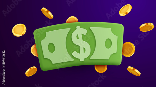 Vibrant 3D render of a dollar bill with golden coins falling on a dark purple background. Vector illustration.