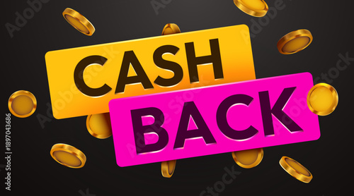 Vibrant Cash Back promotion banner with falling golden coins on a dark background. Vector illustration