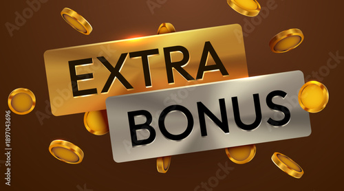 Extra Bonus concept with gold and silver plates, surrounded by falling golden coins. Ideal for promotions, rewards, and gaming themes. Vector illustration