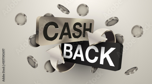 Modern Cash Back concept with dynamic falling coins and arrows. An illustration representing financial rewards and savings. Vector illustration