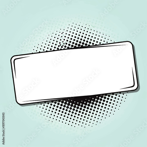 Blank comic book style speech bubble or banner with rounded corners and halftone dot pattern on a light blue background, offering copy space for text.