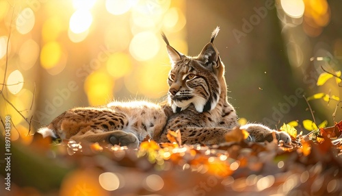 Eurasian Lynx in Autumn Forest Warm Sunlight Outdoor Wildlife Beauty.