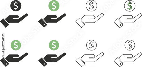 Finance and Payment Hand Icon Set Featuring Dollar Coin Symbols Representing Money Transfer Pricing Revenue Income and Financial Support Concepts