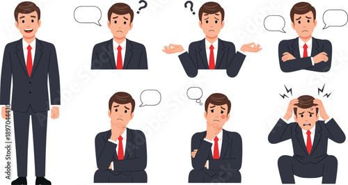 Businessman Emotion and Stress Character Flat Illustration Set Showing Confusion Thinking Anxiety Frustration and Workplace Problem Solving Concepts