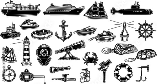 Nautical Vector Icons Set: Ships, Lighthouses, Anchors, Compasses, Marine Life - Black and White Line Art