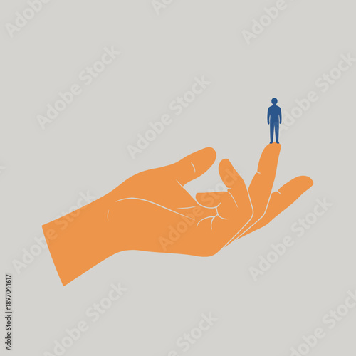 Vector illustration of hand holding tiny person, conceptual metaphor isolated on White Background