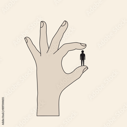 Giant hand holding tiny person symbolizing power and control