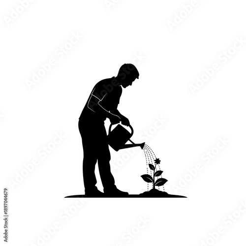 Black silhouette of a man watering a plant isolated on White Background
