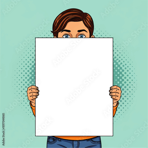 Pop art style illustration of a young man holding a blank white sign, with only his blue eyes visible above it. Perfect for custom messages or announcements.