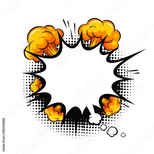 A dynamic comic book style speech bubble with explosive yellow smoke effects and halftone dots on a white background. Perfect for text or messages.