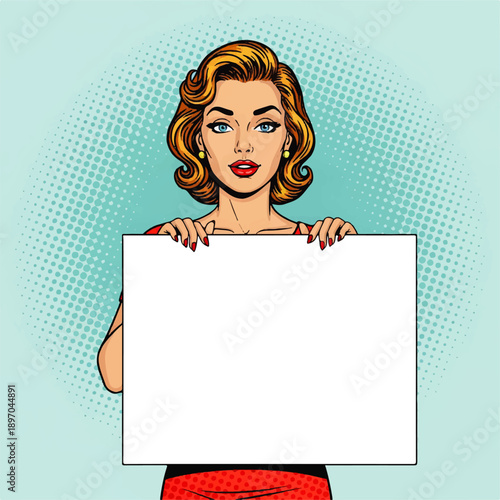 A retro pop art woman with blonde hair and blue eyes holds a blank white sign, ready for your custom message. Vibrant vintage comic style illustration.