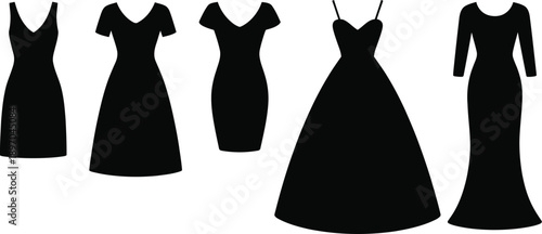 Set of silhouette of various vector woman's dress collection showcasing elegant female fashion styles isolated on white background design elements