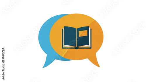 Illustration of an open book within overlapping speech bubbles conveying conversation and knowledge sharing