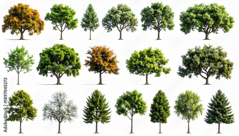 Fototapeta premium Diverse Collection of Trees on White Background for Graphic Design and Environmental Projects.
