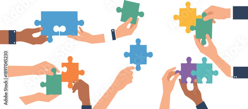 Teamwork and Collaboration Flat Illustration Showing Hands Holding Puzzle Pieces Representing Cooperation Partnership Problem Solving and Business Unity Concept