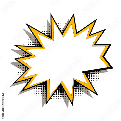 A vibrant comic book style explosion speech bubble with a jagged yellow border, black outline, and halftone dot shadow on a white background, perfect for adding pop art flair.
