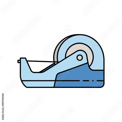 A light blue and dark blue cartoon of a tape dispenser with a roll of tape on a white background des