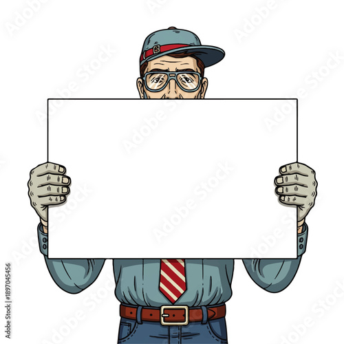 Illustrated man in a cap and tie holding a blank white placard, perfect for adding your own message, advertisement, or informational text. Isolated on white background.