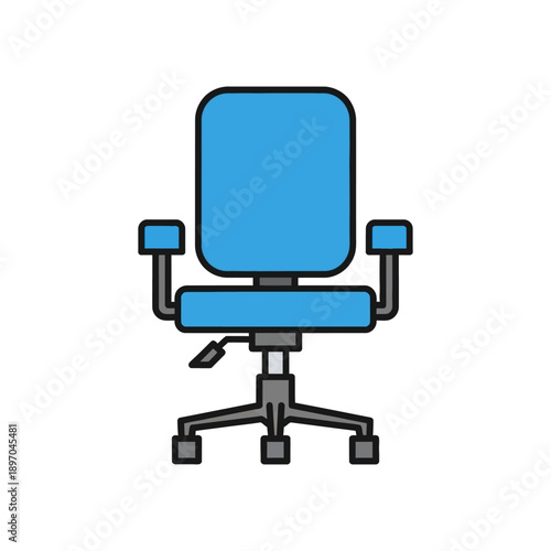 Blue office chair with adjustable height and armrests on a white background with black outlines... d