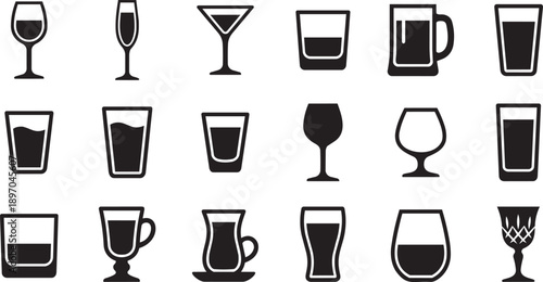 Collection of various black and white icons representing different types of glassware commonly used for beverages