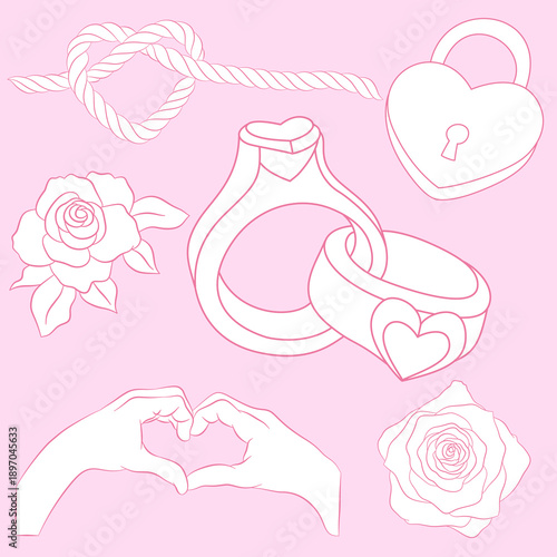 Valentine's Day elements on a pink background.