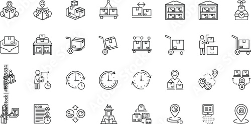 Warehouse and logistics operations line icons set featuring storage, delivery handling, tracking, time management, inventory control, and supply chain business workflow concepts