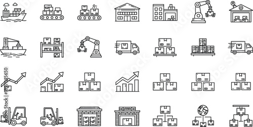Logistics and warehouse line icons set illustrating manufacturing, shipping, delivery trucks, storage facilities, distribution networks, and supply chain business process concepts