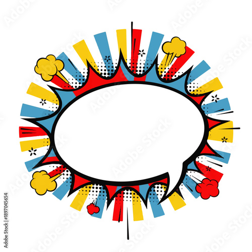 Vibrant comic speech bubble with explosive pop art background, perfect for text, announcements, or retro designs. Features colorful rays, halftone dots, and dynamic elements.