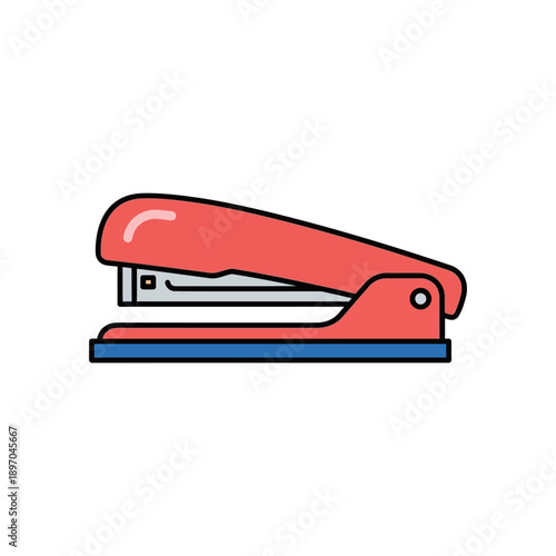 Red stapler with blue base and silver staple holder on white background d