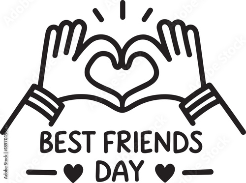 A simple black and white line art illustration celebrating best friends day with hands forming a heart