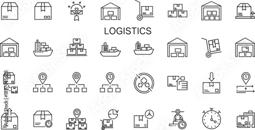 Logistics and delivery line icons set featuring warehouse storage, shipping, tracking, distribution routes, supply chain management, and transportation business process concepts