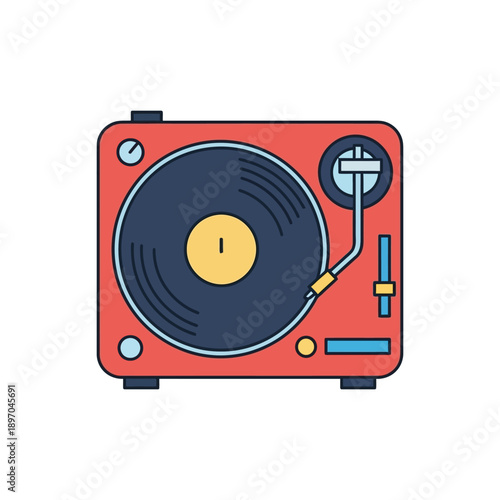 Red vintage turntable with dark blue vinyl record and yellow center label on white Keywords:... knob