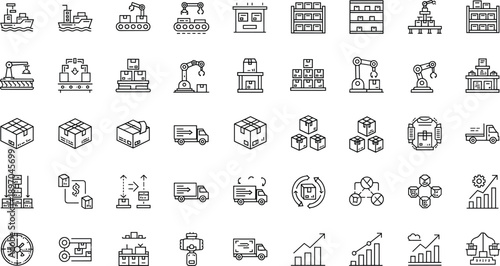 Industrial manufacturing and logistics line icons set featuring factory production, warehouse storage, automation, shipping, inventory, and supply chain business operations concepts