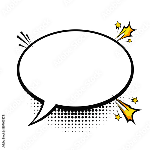 Blank pop art speech bubble with comic book style elements, including halftone pattern and explosion effects, perfect for text and graphic design.