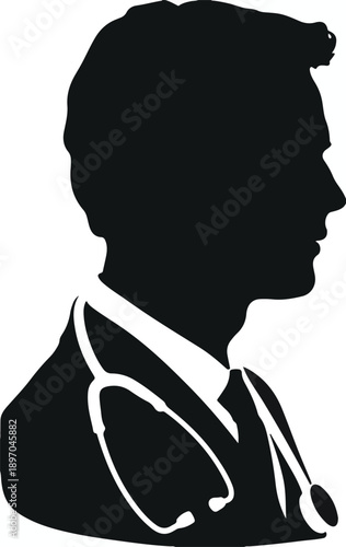 Black Silhouette Profile of a Doctor Wearing a Stethoscope and Suit on White Background Keywords: doctor, silhouette, profile